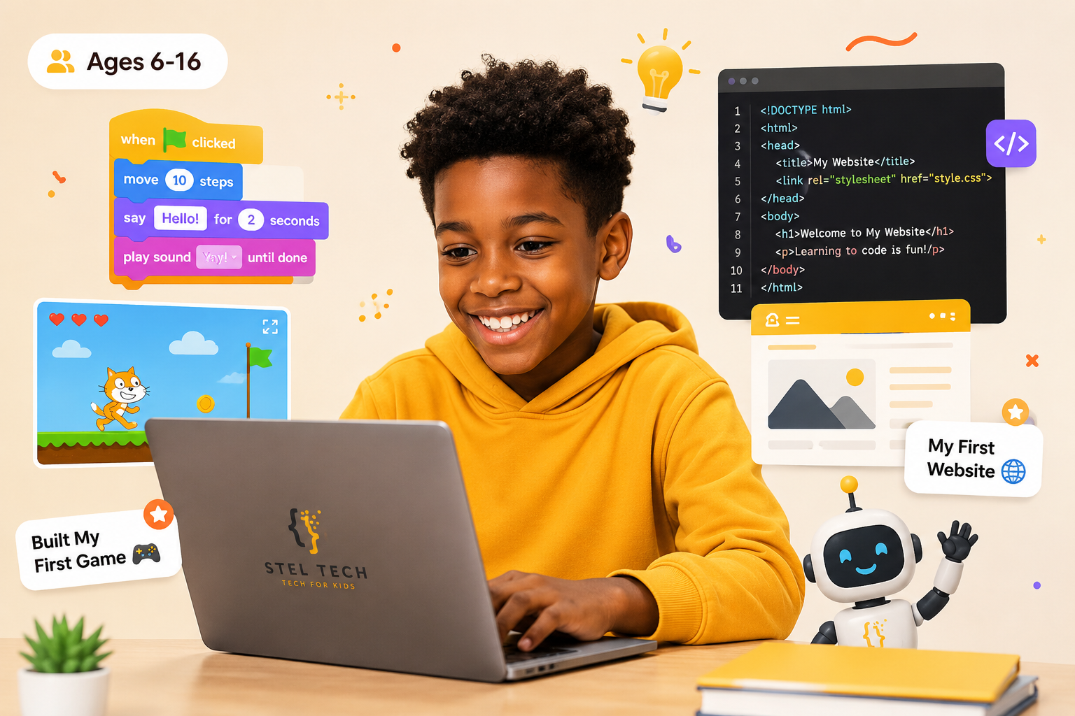 Happy child coding at a laptop
